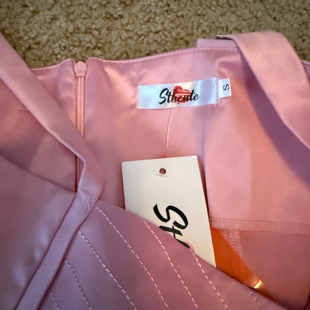 Pink Satin Mini Dress with Spaghetti Straps - Picture 5 of 6